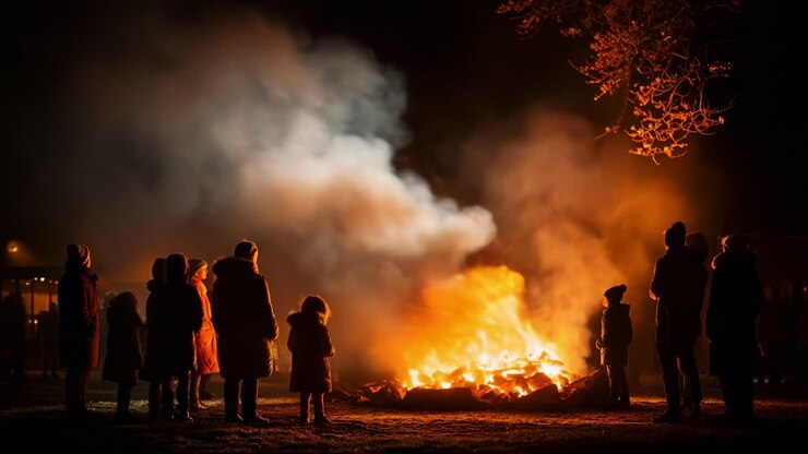En fængslende scene udspiller sig, hvor silhuetter samles omkring et fascinerende bål, og varme flammer oplyser den omkringliggende mørke og skaber en fortryllende atmosfære fyldt med røg og varme