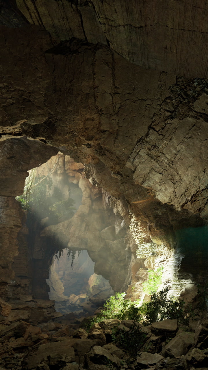 Exploring a cave with natural light and rock formations in a remote area