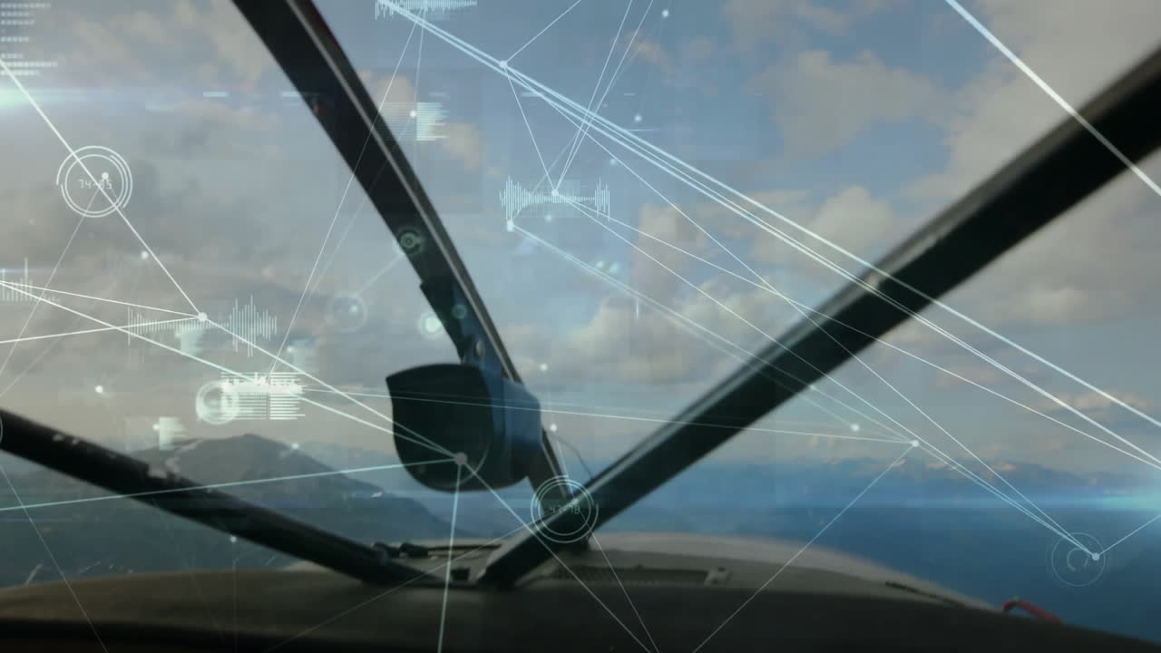 조종 데이터 처리 애니메이션과 함께 풍경 위의 비행기 조종석