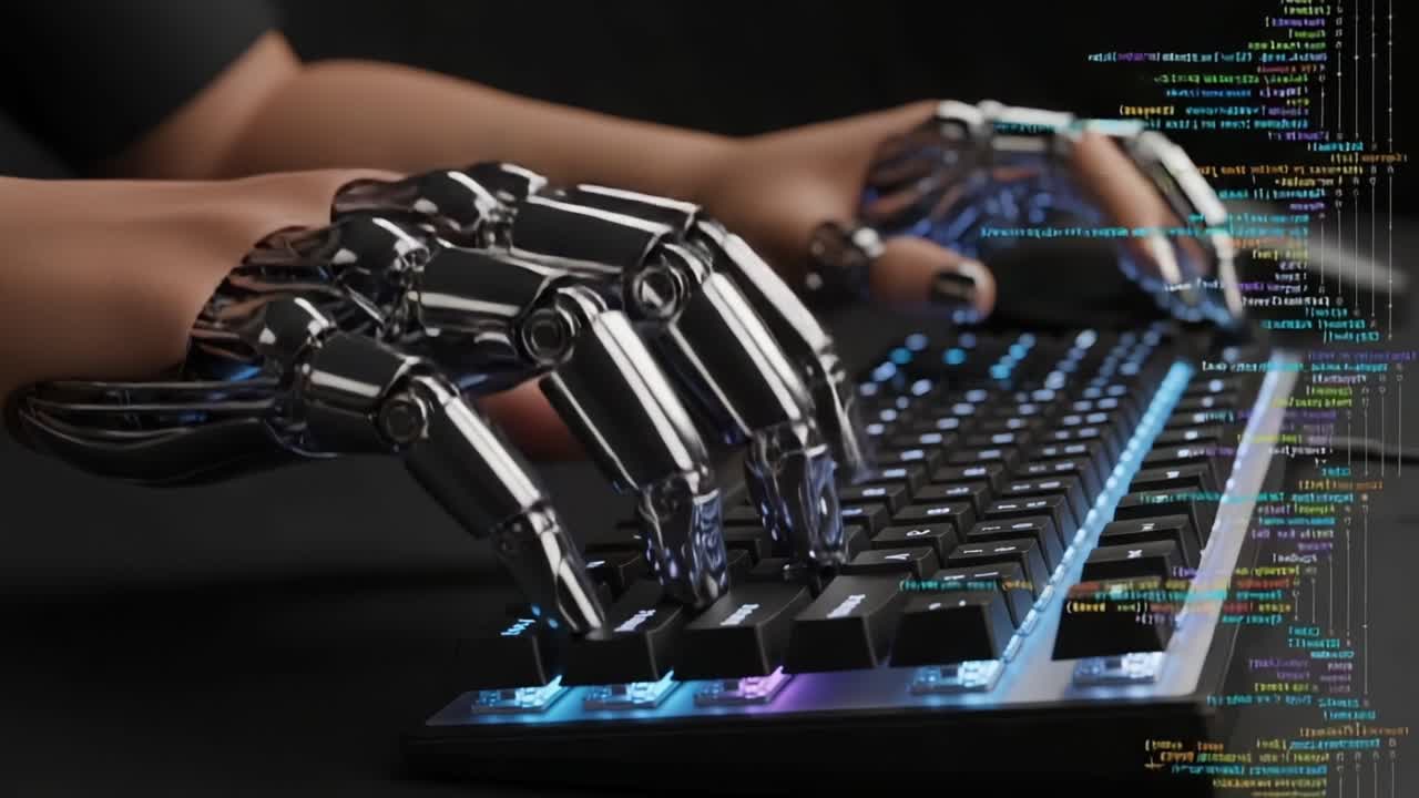 A Futuristic Robotic Hand Typing on a Keyboard, Showcasing Advanced Technology and Coding in a High-Tech Environment with Illuminated Keys and Dynamic Code Display