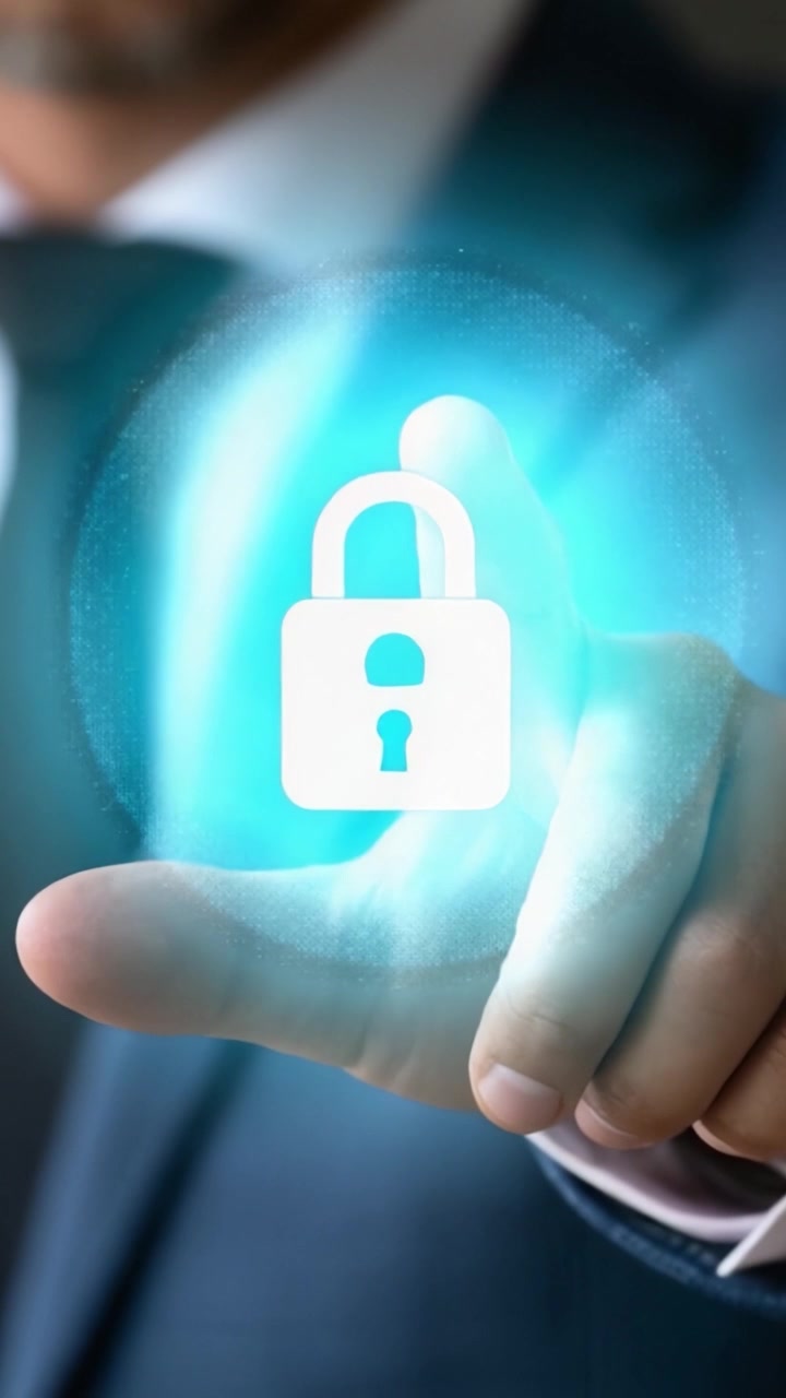 Un uomo d'affari con un simbolo di lucchetto digitale, che evidenzia l'importanza della cybersecurity e della protezione dei dati in un mondo moderno e tecnologicamente avanzato attraverso un'interfaccia futuristica.