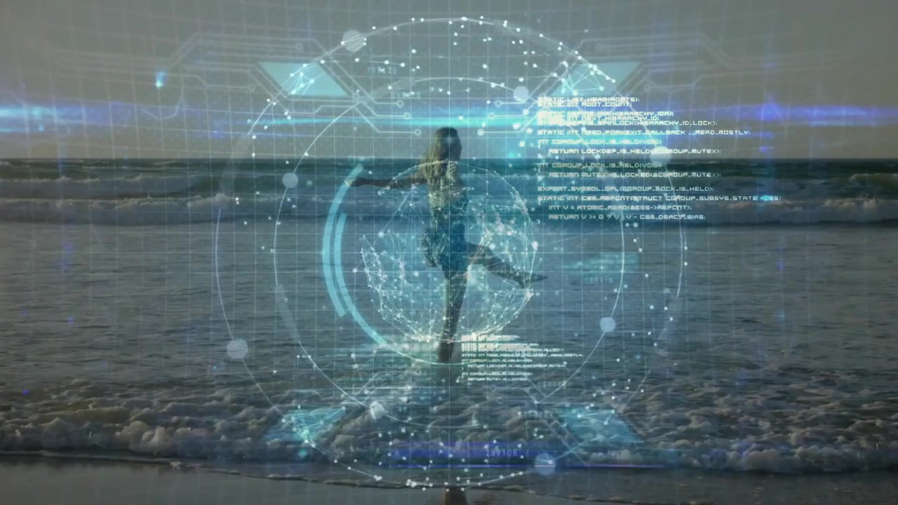 Mid-adult woman stepping into surf activating holographic sphere and rotating showcasing data viz