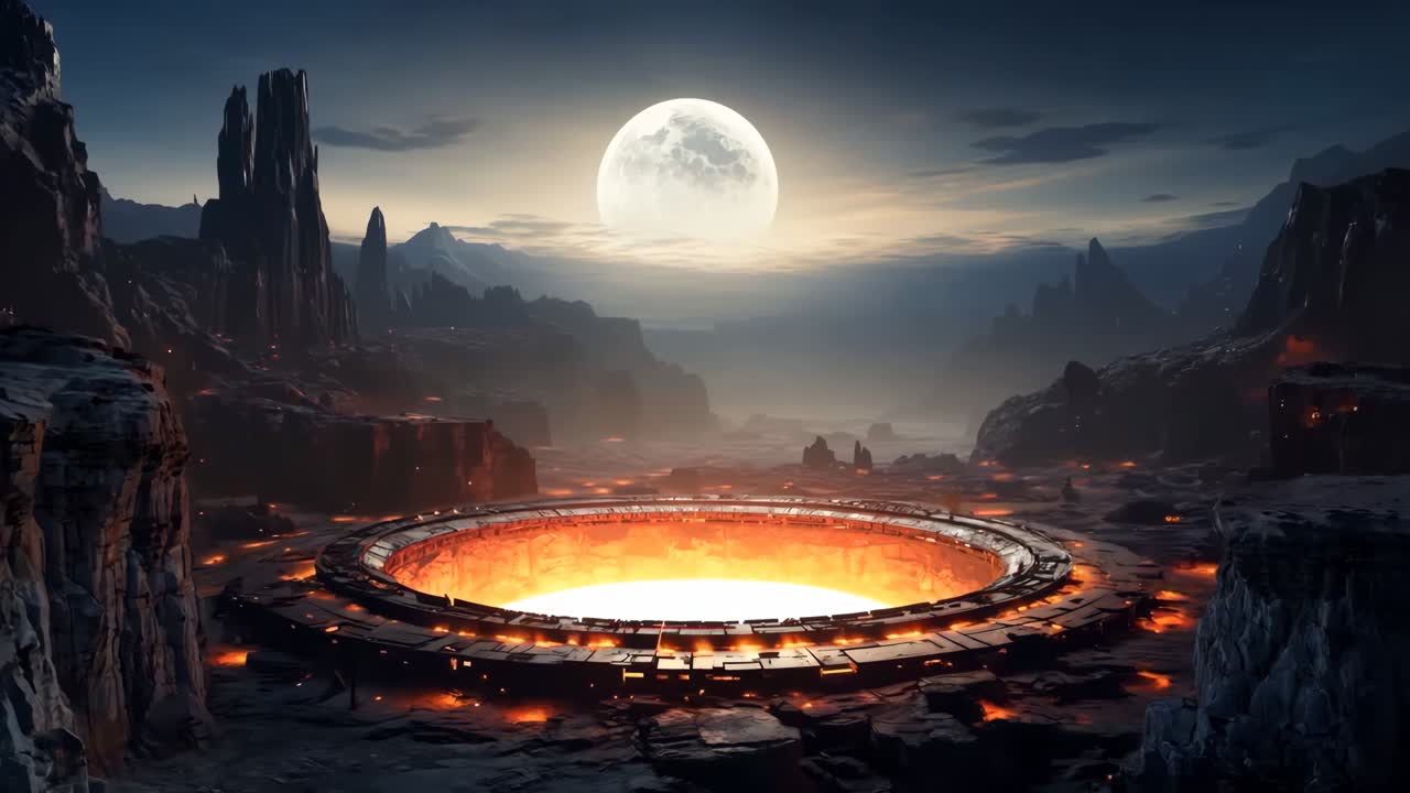 футуристический город посреди пустыни с полной луной на заднем плане