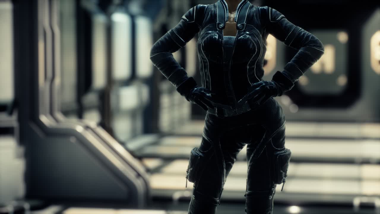 mujer steampunk en una nave espacial futurista