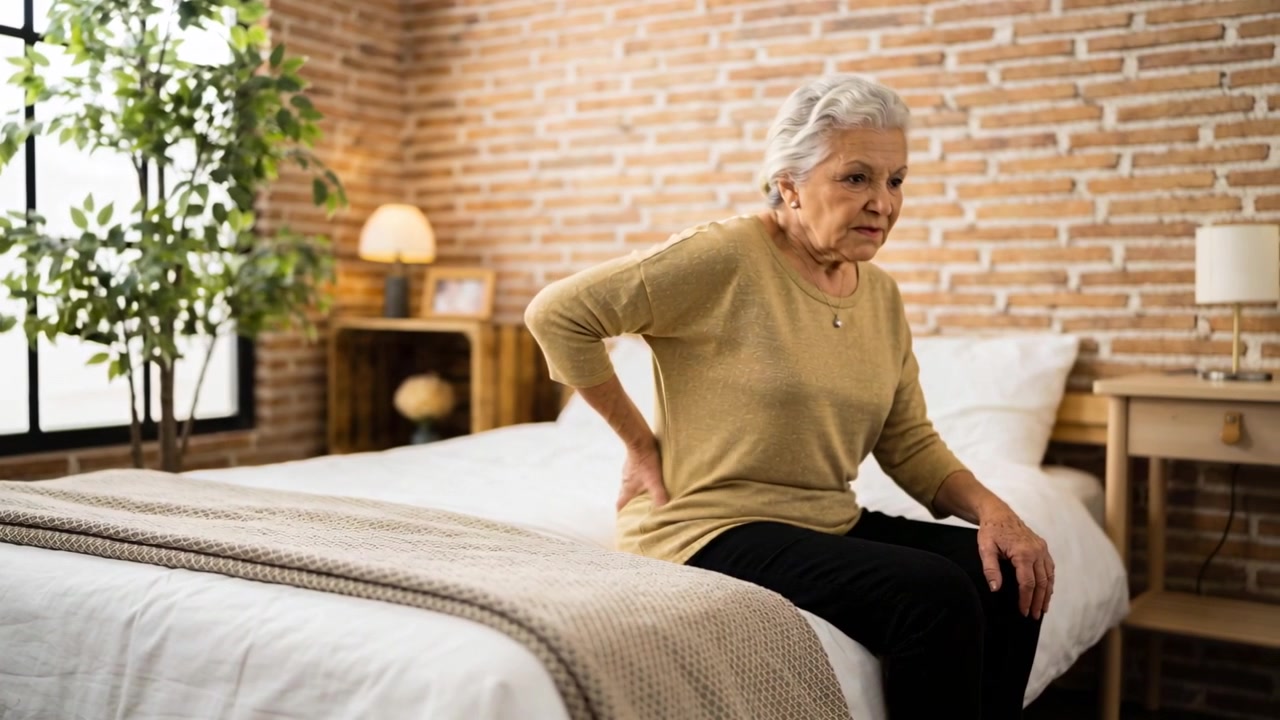 Feeling pain, senior woman pressing left hand to back, shifting, sitting on bed in sweater