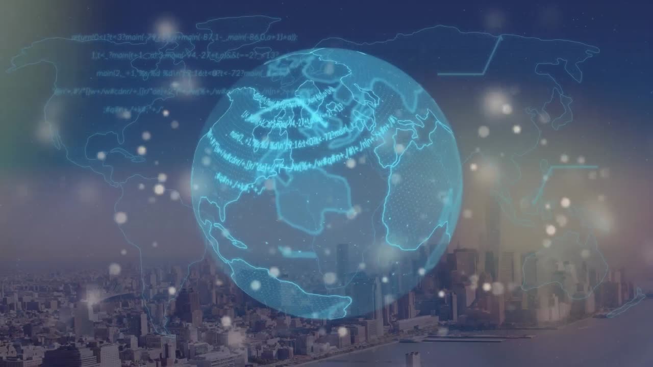 도시 풍경의 공중 전망에 대한 회전하는 지구와 세계 지도 위의 빛의 반점의 애니메이션