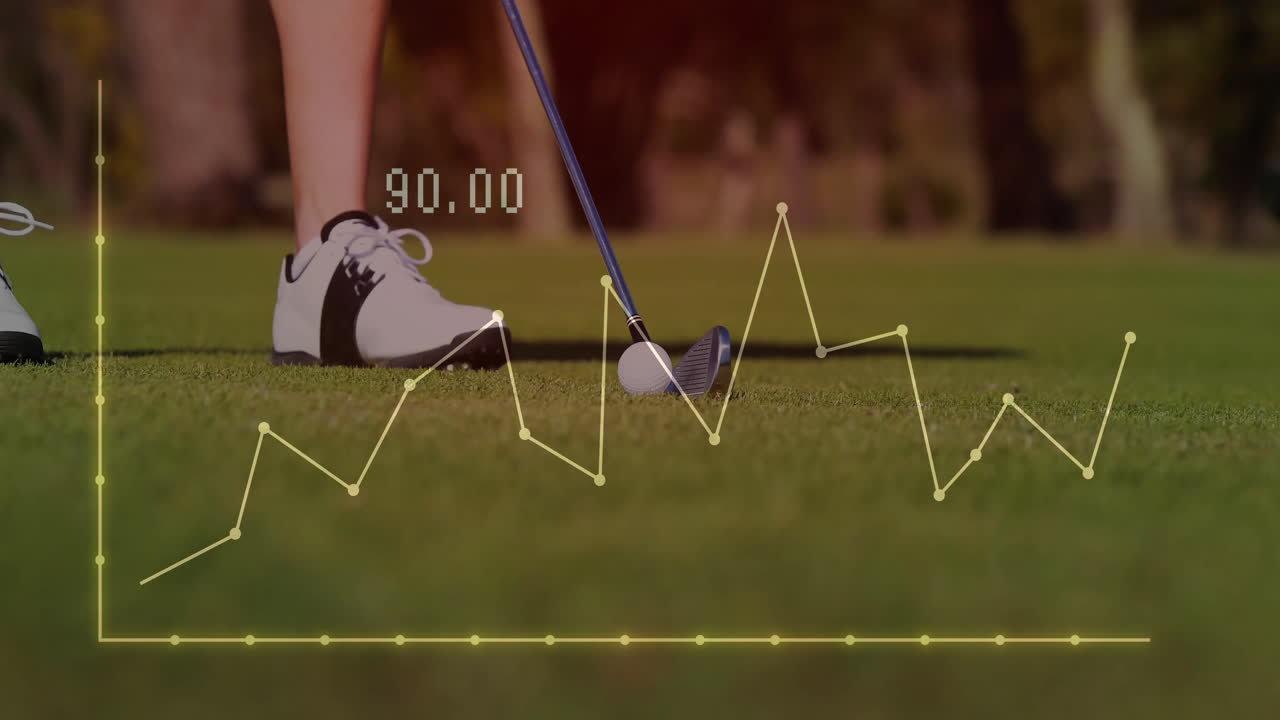 Golf club and ball on grass with data graph overlay animation