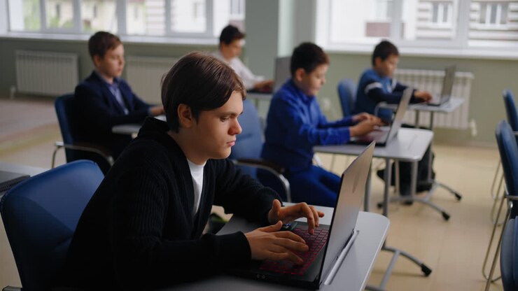 Students working on laptops in a classroom