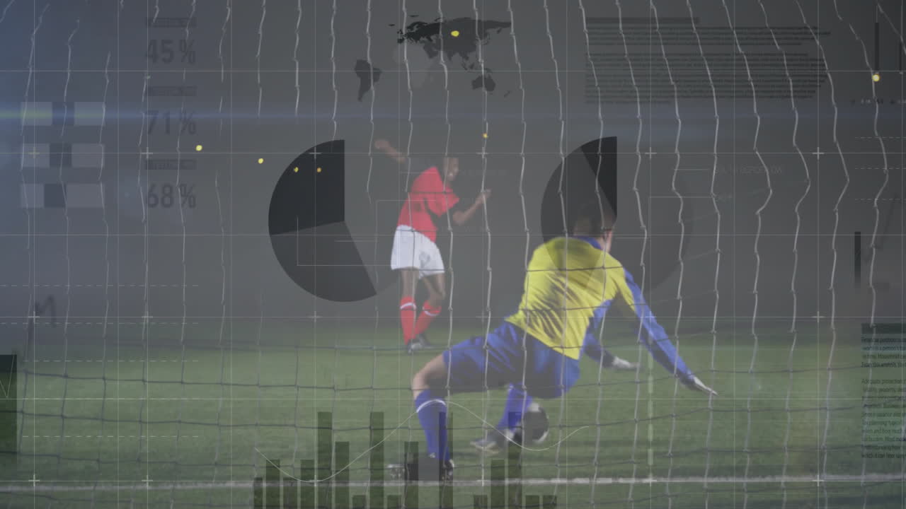 Soccer player kicking ball towards goal over data analysis animation