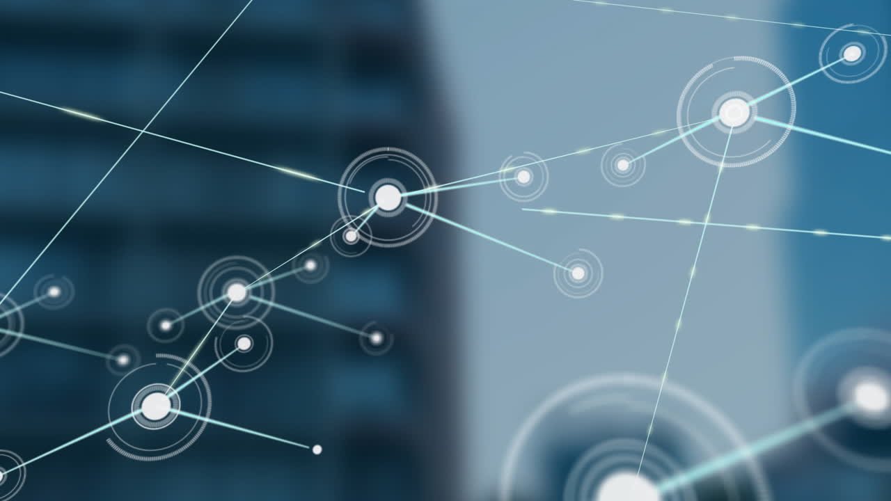 conexiones de red y animación de puntos de datos sobre un fondo borroso del paisaje urbano