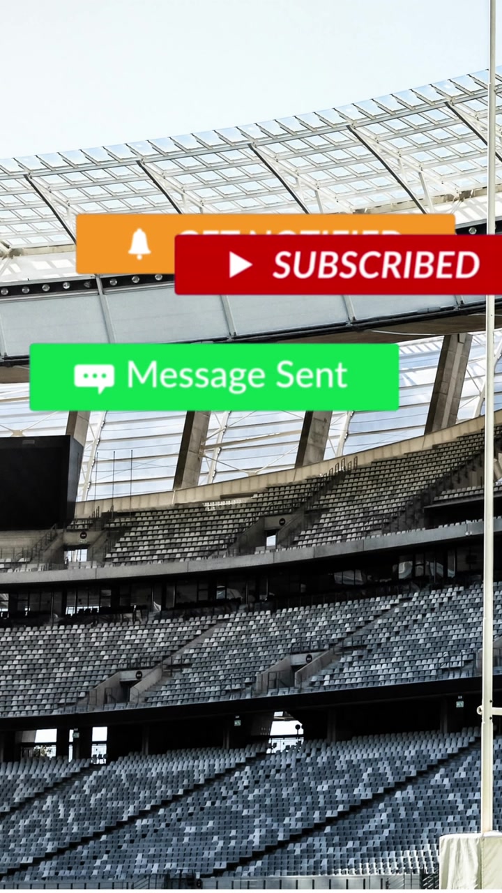 Animazione di icone di social media che fluttuano su sfondo di stadio di rugby.