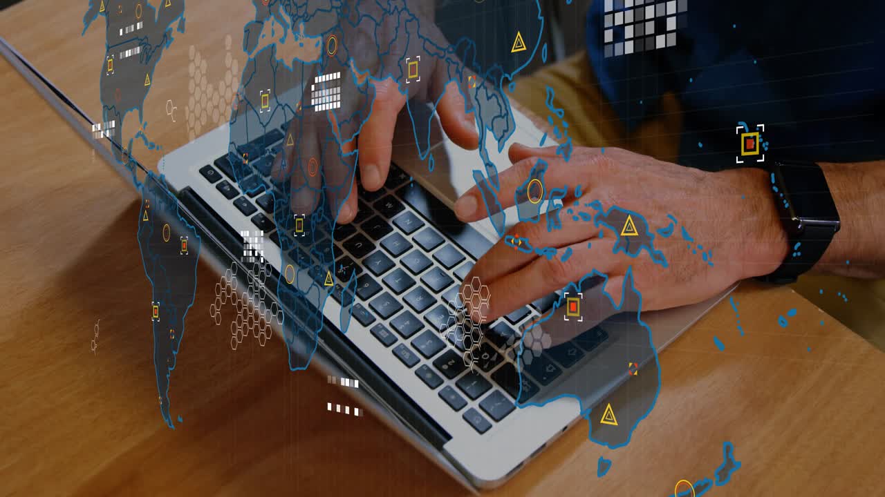 Hands starting typing after world map graphic fading in, updating global data panel on laptop