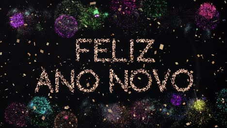animación de felicitaciones de texto de feliz año nuevo sobre confeti y fuegos artificiales