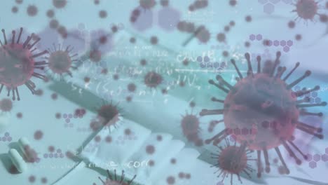 animation of macro covid-19 cells and mathematics equations floating over coronavirus masks