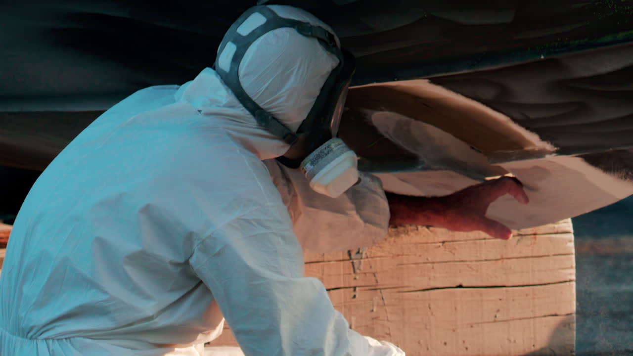Cannes, Francia - 11 ottobre 2025: due operai che indossano tute protettive bianche e respiratori levigano e riparano lo scafo di una barca in bacino di carenaggio