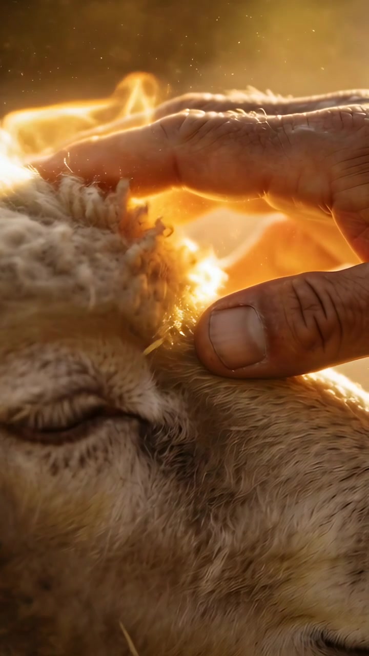 Vídeo vertical: Mão se aproximando, separando a lã de ovelha no pasto, inspecionando fibras em luz dourada.