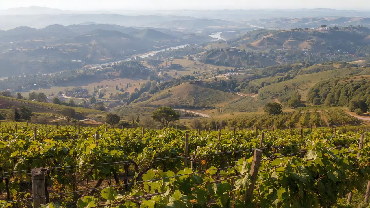 La telecamera inizia una delicata ripresa in avanti, filari di viti a spalliera rivelano la foschia della valle assolata