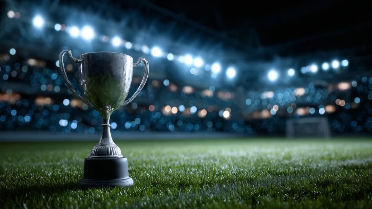 A Glimmering Trophy on the Field: Celebrating Athletic Achievements Under Bright Stadium Lights with a Focus on Victory and Competition