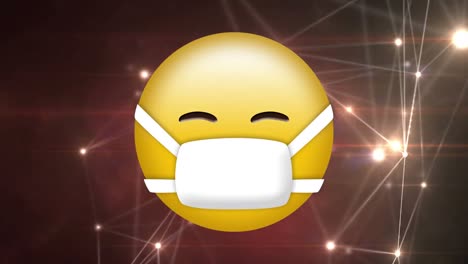 Digital-animation-of-face-emoji-wearing-a-mask-against-glowing-network-of-connections