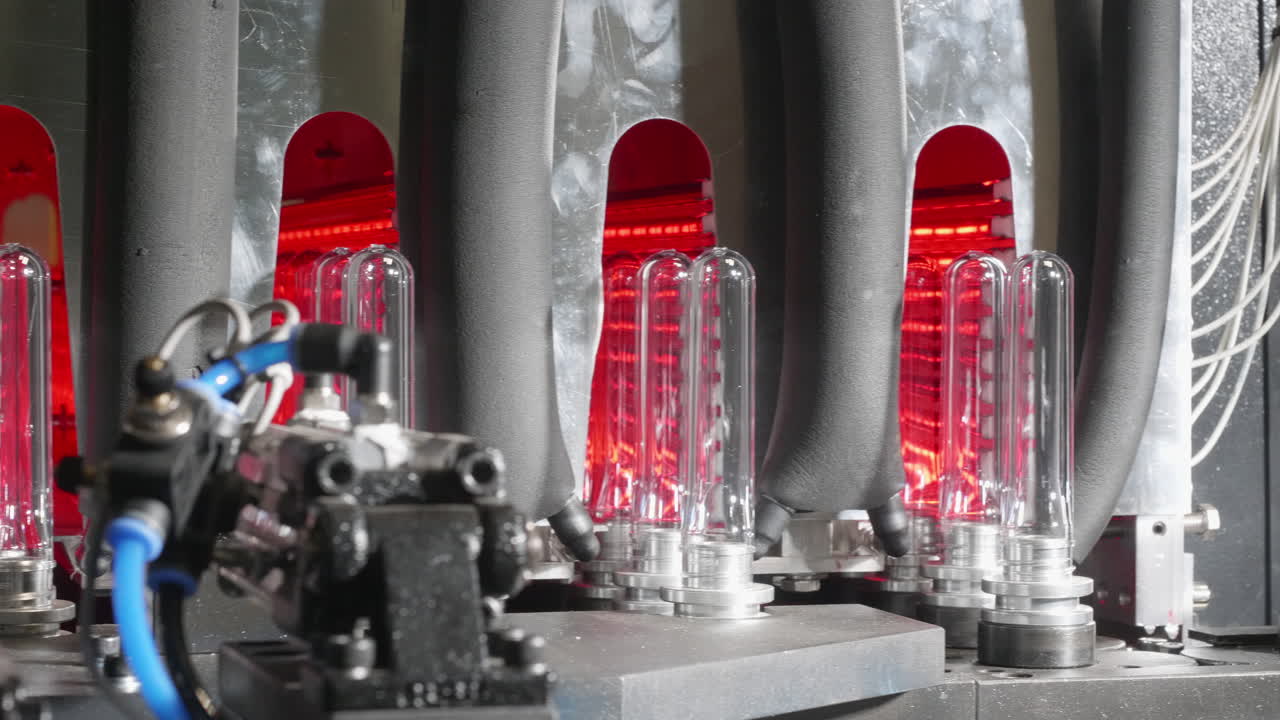 las preformas de plástico transparente para mascotas están siendo movidas por un equipo robótico en una cinta transportadora