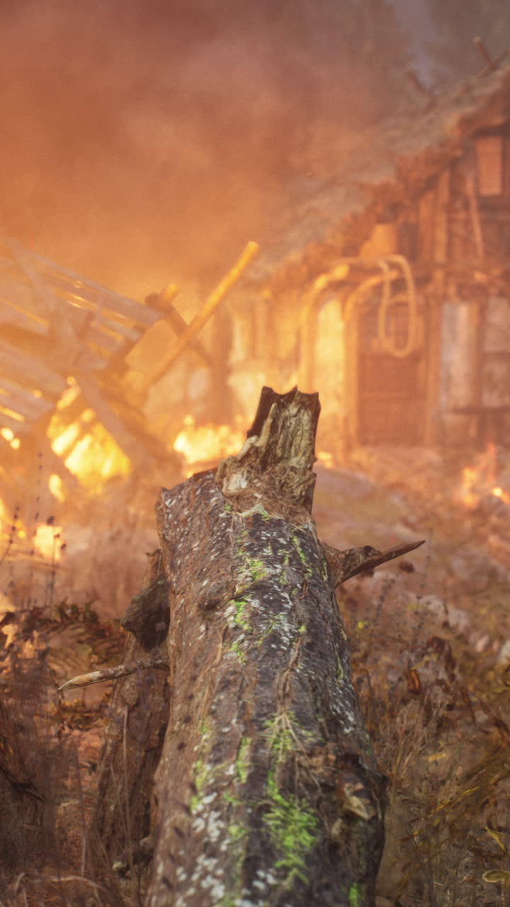 un edificio en llamas en el bosque