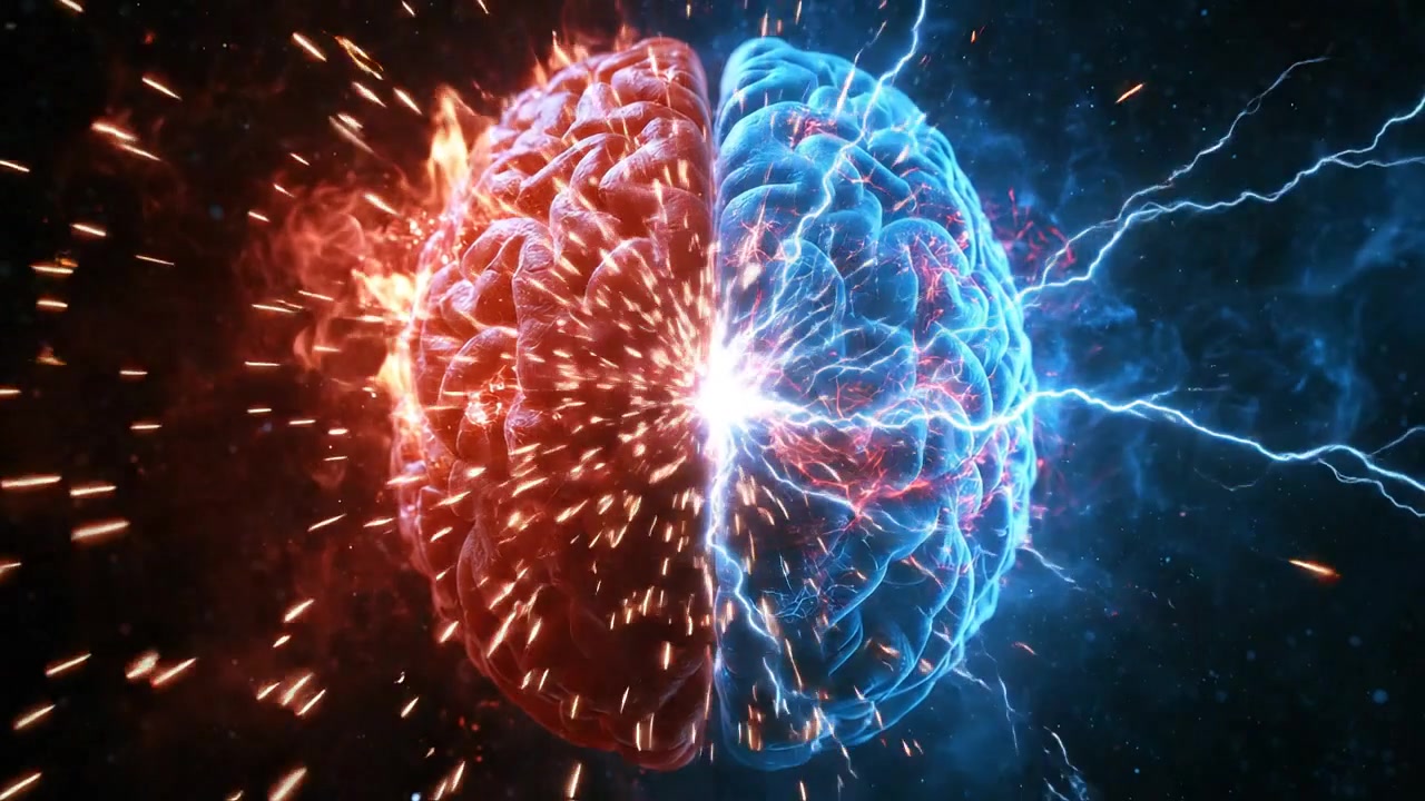 Visualisering af den menneskelige hjerne opdelt i glødende røde og blå hemisfærer