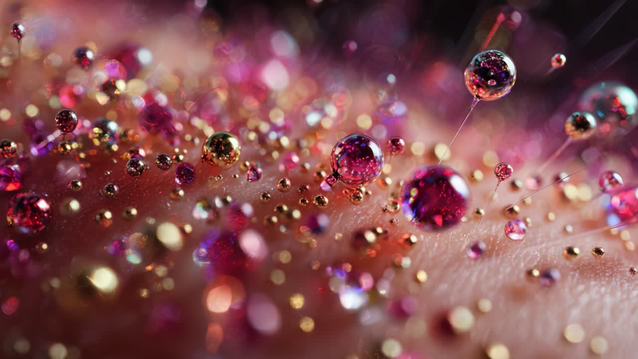 A Stunning Close-Up of Colorful Droplets and Shimmering Particles on a Skin Surface, Capturing the Beauty of Light Refraction in an Artistic Macro Photography Setting