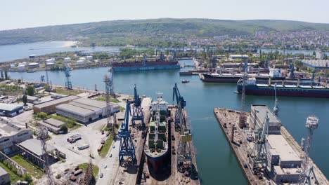 Shipyard-in-Varna-with-drone,-Bulgaria