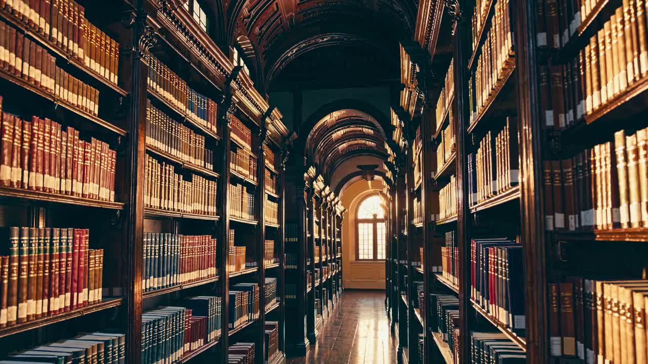 A video captures a vintage library's grandeur with a low-angle view, showcasing endless rows