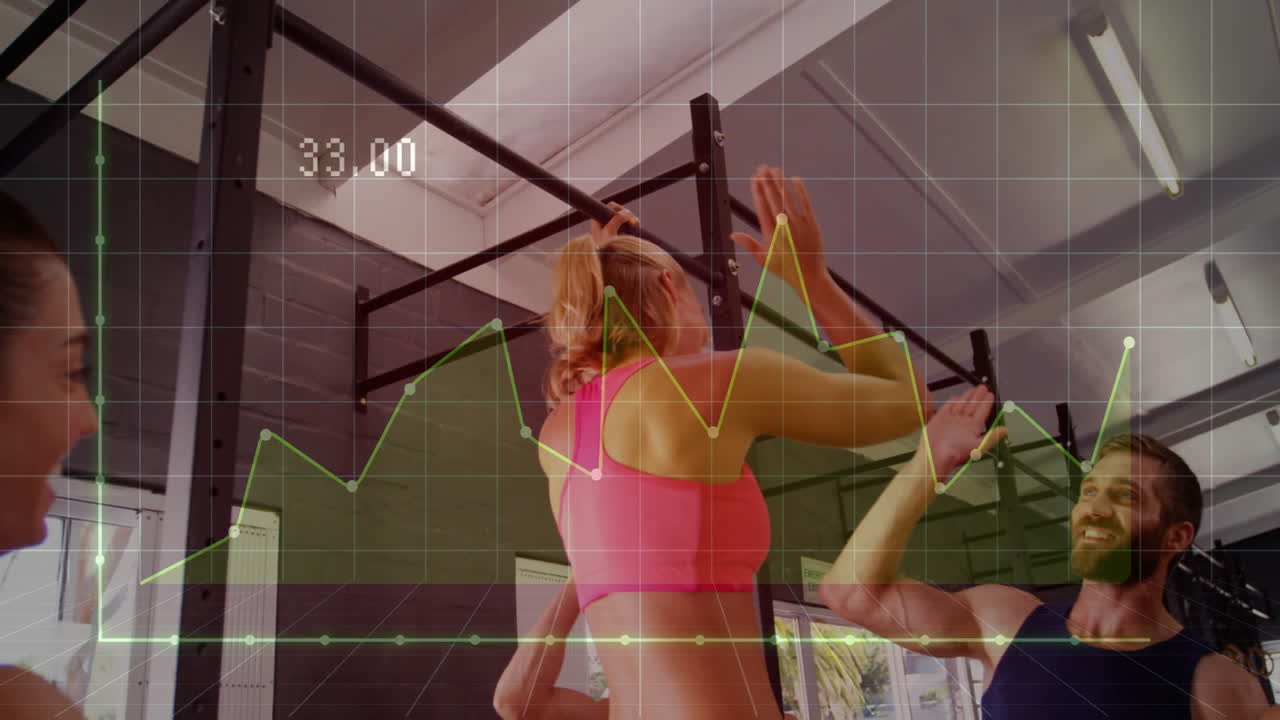 fitness scene showing woman pulling up rig, man high-fiving, chart overlay displaying metrics