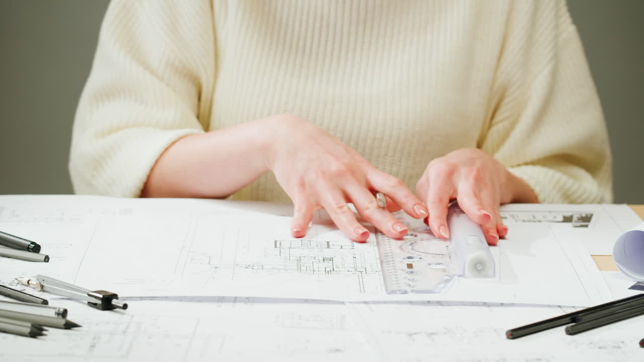 Person working on architectural blueprints with drafting tools