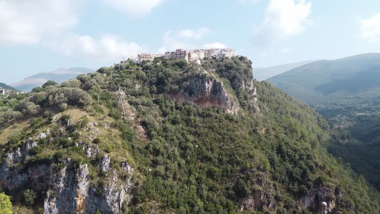 Aerial view of Camerota village on top of a cliff on the Apennine mountains, Italy