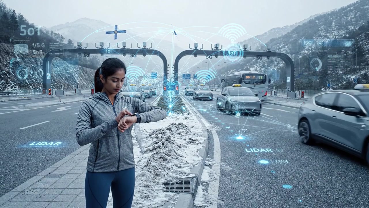 Una scena autostradale futuristica con un'interfaccia ad alta tecnologia che mostra metriche e analisi avanzate mentre una donna controlla il suo smartwatch in un ambiente innevato.