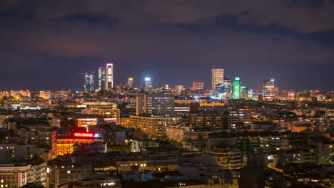 Timelapse-De-Madrid-Por-La-Noche,-Vista-De-Cerca-Del-Horizonte-Del-Centro