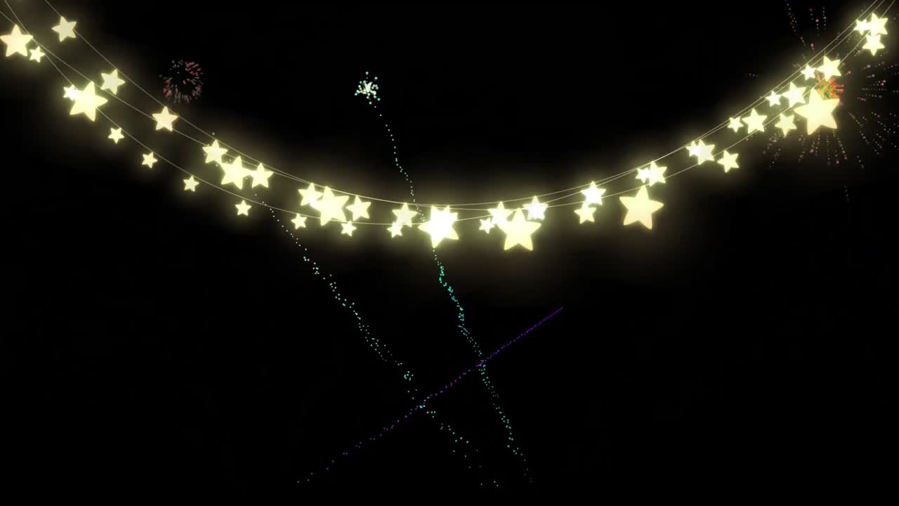 Animation af stjernelyskæder med jule- og nytårsfyrværkeri på nattehimlen