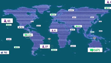 Animation-of-changing-numbers-and-icons-in-message-boxes-over-map-against-blue-background