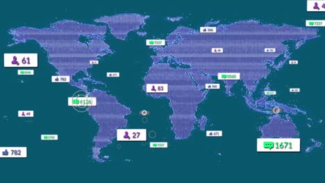 animation of changing numbers and icons in message boxes over map against blue background