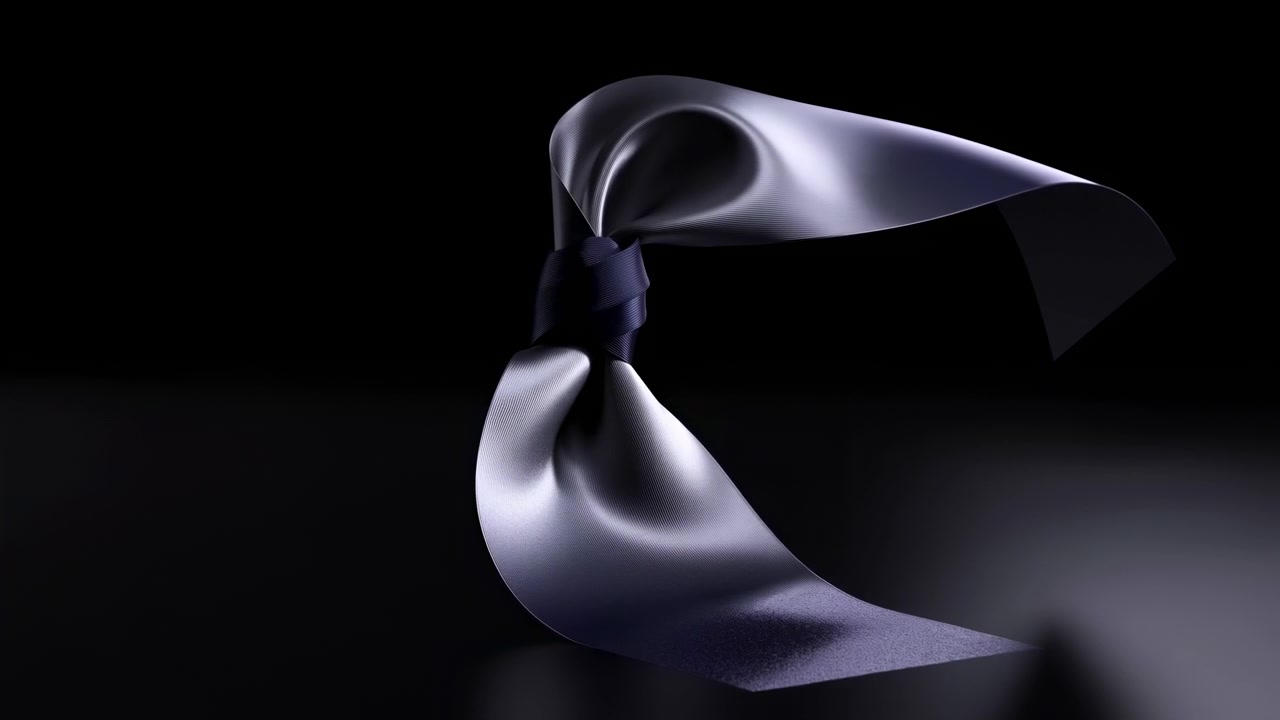 Curved glossy black sculpture with a flowing ribbon form stands in a dark minimalist scene, lit by soft studio light with smooth reflections and dramatic