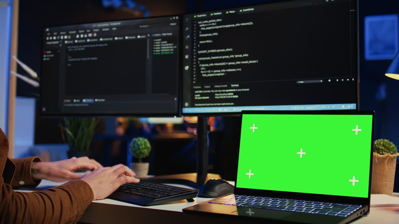 Green screen laptop in home office used for developing software applications