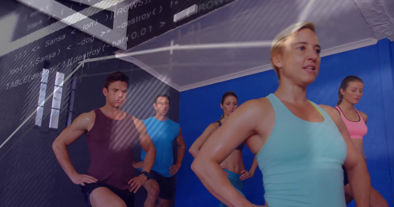 Instructor guiding class lunging in gym, speaking, initiating overlaying line charts data training