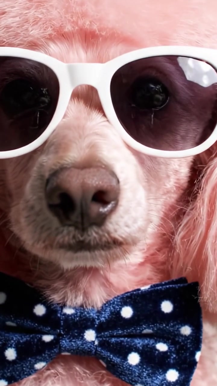 Barboncino rosa elegante che indossa occhiali da sole e un papillon, catturato su uno sfondo verde vibrante, che mostra uno stile unico e una personalità giocosa per la fotografia di animali domestici.