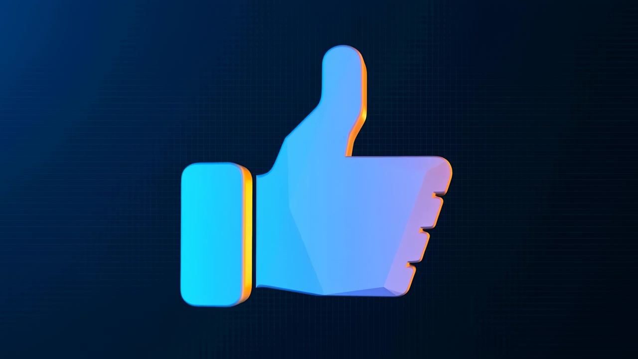Animação repetida de ícone de 'joinha', em fundo digital com gradiente azul, com ícones de 'joinha', de uma perspectiva neutra, com detalhes em azul e branco, e um clima positivo e de aprovação.