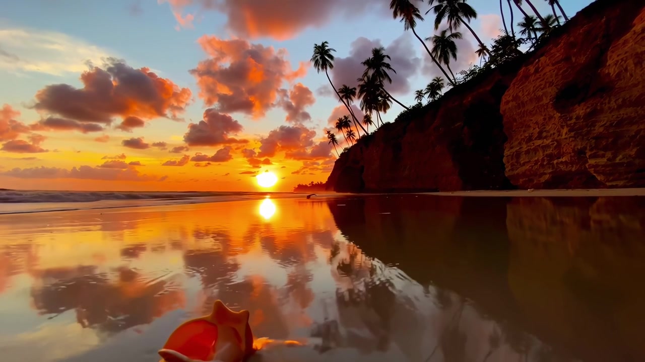 Uma concha na praia tropical ao pôr-do-sol