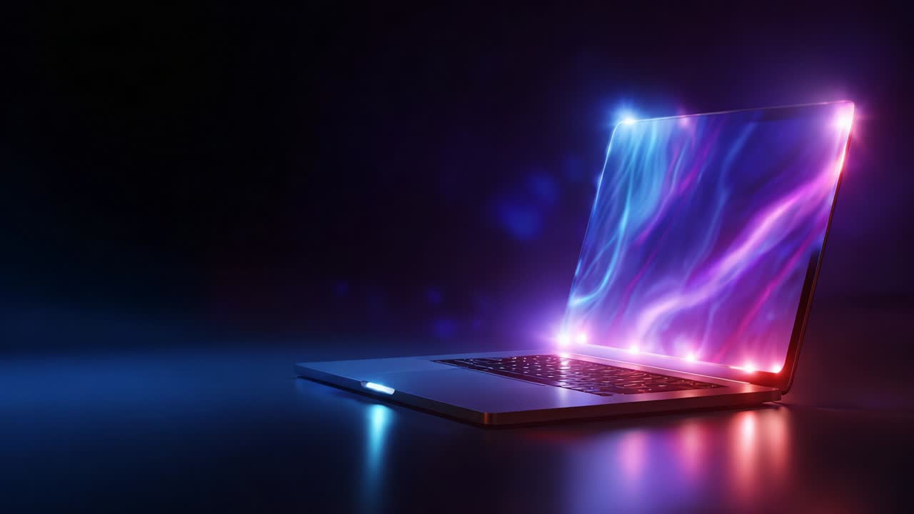 A Stunningly Illuminated Laptop Displaying Abstract Colorful Patterns with Soft Glows in a Dark Environment, Highlighting the Intersection of Technology and Artistic Expression