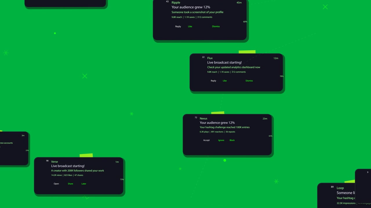 Cards sliding along dotted path on transparent background, triggered by green markers, showing flow