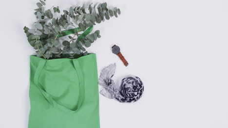 video de una bolsa de lienzo verde con planta, bufanda, reloj, espacio de copia sobre fondo blanco