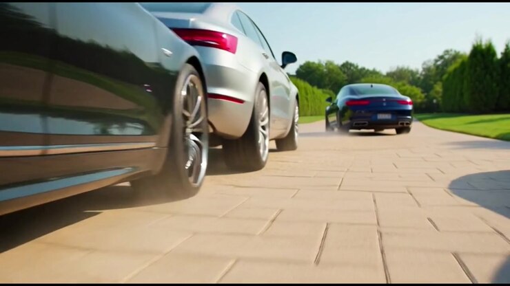 Coches deportivos de lujo acelerando en una entrada pavimentada