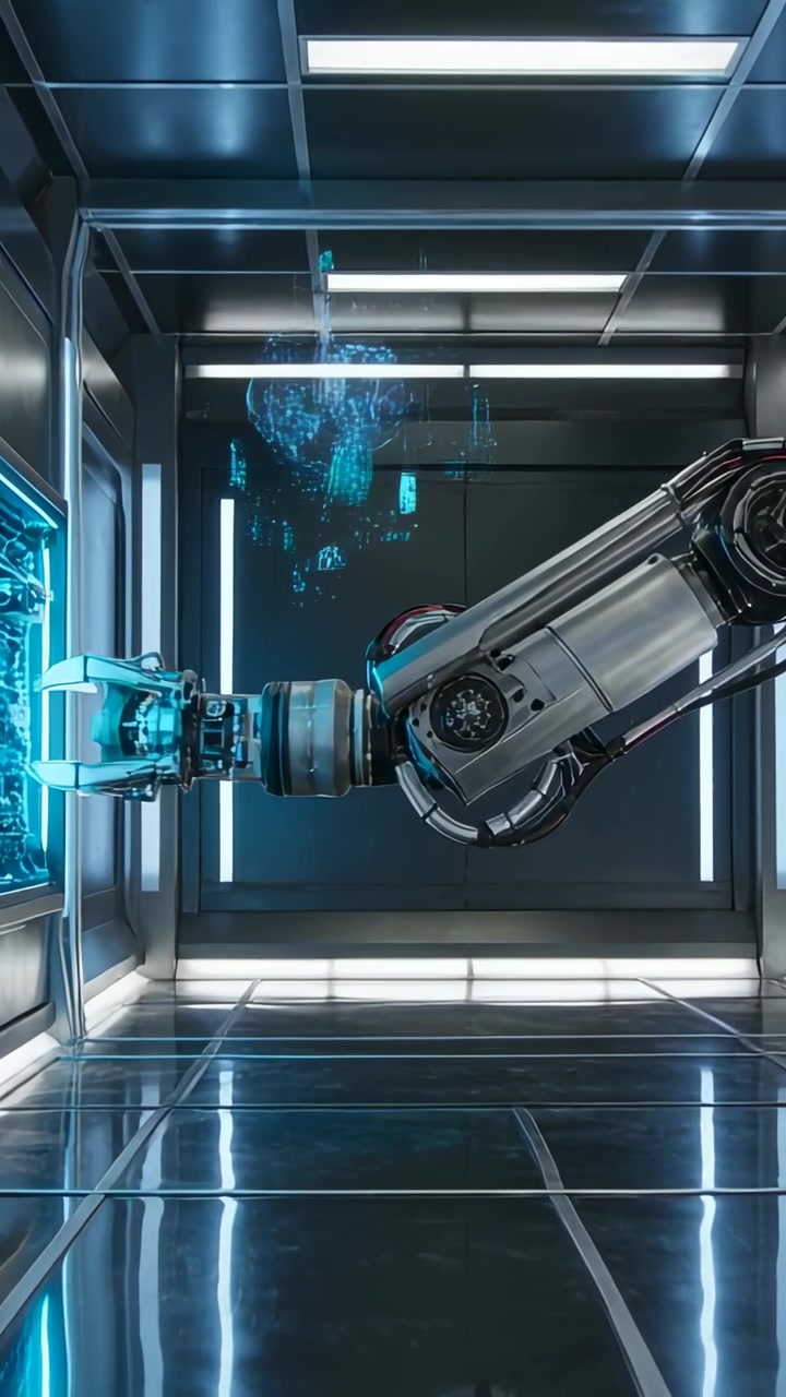 Vertical video: Extending robotic arm via panel in lab, gripper holding, forming hologram sphere