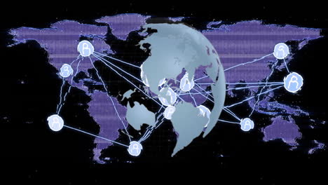 animation of data processing and connections over world map and globe on black background