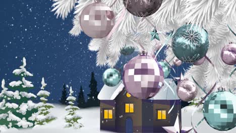 Animation-of-snow-falling-over-christmas-tree-and-winter-landscape